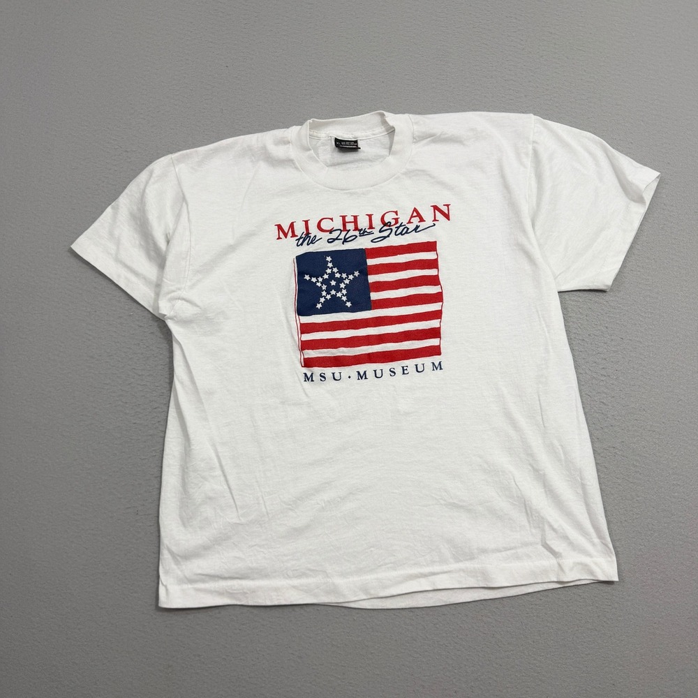 Vintage Screen Stars Shirt Men's XL White Michigan 26th Star MSU Museum 90s USA